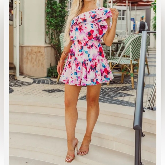 Buddy Love Sofia One Shoulder Ruffle Cocktail Dress Mini-Circus Pink Blue Small - Picture 4 of 13